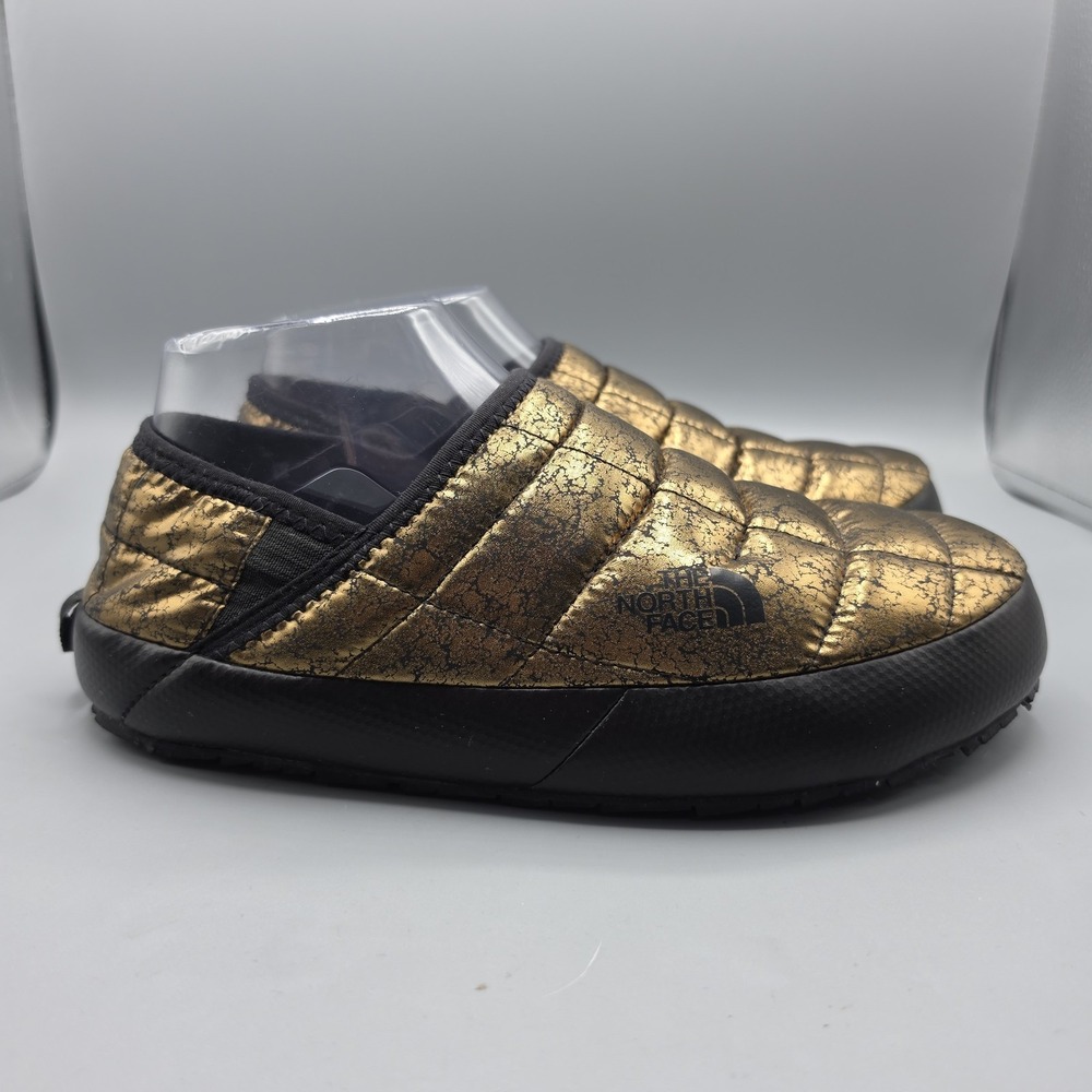 The North Face Thermoball Slippers Womens  7 Gold Black Faux Fur Lined Hard Sole - Picture 5 of 14